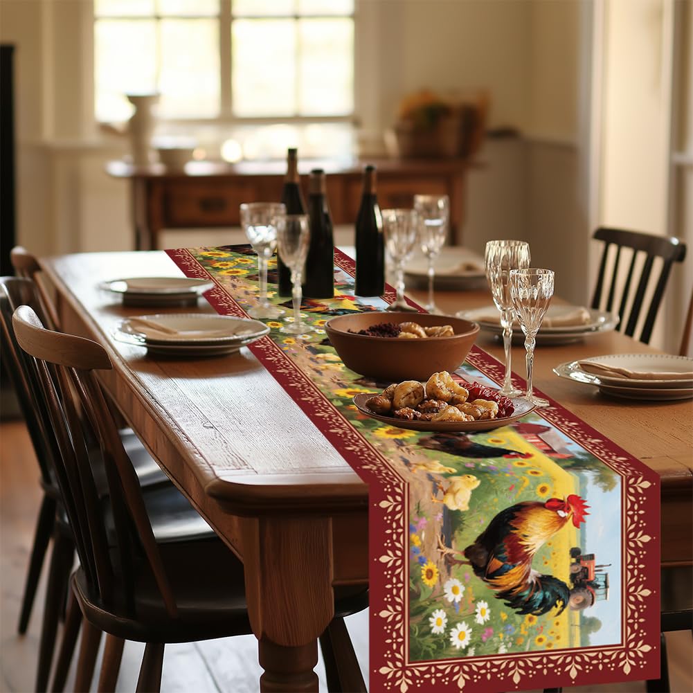 ANATTASOUL Spring Table Runner Rooster and Sunflower 13"x72" Table Decorations, Durable Summer Dining Decor for Home Kitchen Party Room - Image 2