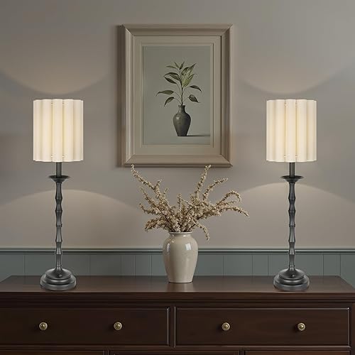 Miniatura 3 de Lámpara de mesa festoneada negra vintage de 28.9 pulgadas, lámpara de buffet rústicagranja, pantalla festoneada y poste de lámpara de bambú, para