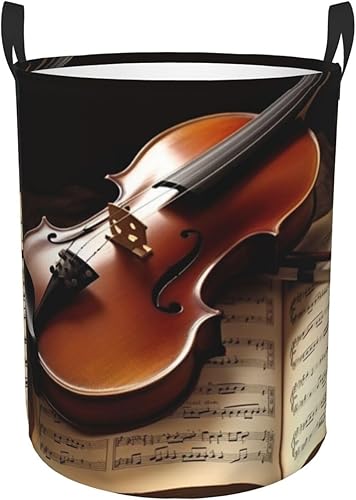 Cesta circular con estampado de violín y libro, impermeable, cesta organizadora de lavandería, con asas, para ropa, juguetes, tamaño mediano