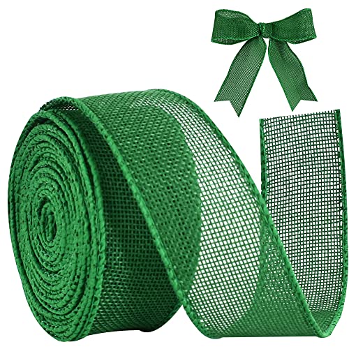 TONIFUL Burlap Green Wired Ribbon 1 1/2 inch 10 Yard Jute Ribbon for Decoration Bows Tree Toppers Ribbons Craft Gift Wrapping Wreath Sewing for Christmas Wreath Decor