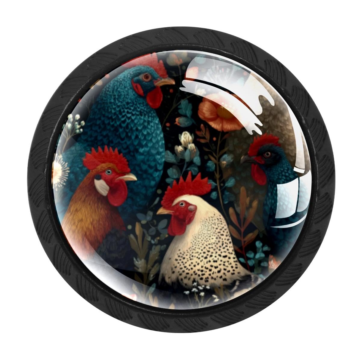4 PCS Kitchen Cabinet Knobs, Rooster Floral Drawer Knobs Dresser Handles