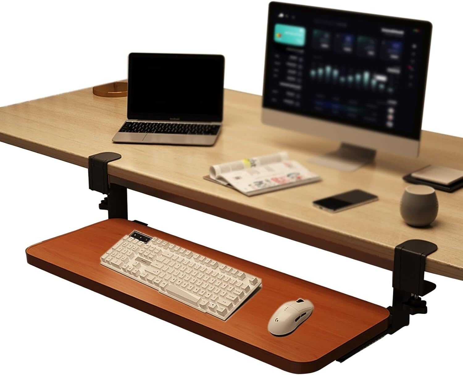 CVJdfhRE desk extender， Clamp-On Desk Extension, Pull-out Keyboard Mouses Storage Drawers Holder, Support Arm, Relieve Fatigue(Teak,52 * 24cm(20.5 * 9.5in))