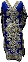 Three Eye Store Women's Kaftan Dress Swimsuit Beach Cover Up Tribal Ethnic Print Plus Size V-Neck Loose Kimono Maxi Dress, Blue, One Size
