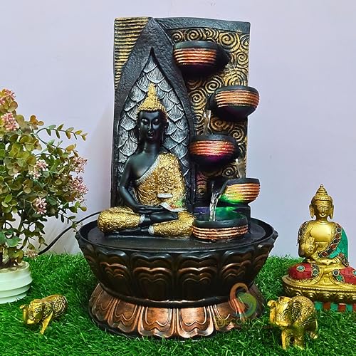 Image of Meditating Buddha Four Step Diya Water Fountain for Home Decor /Office /Indoor & Outdoor /Garden /Puja Room /Vaastu with Multicolor LED Light and Adjustable Water Pump (D-067)