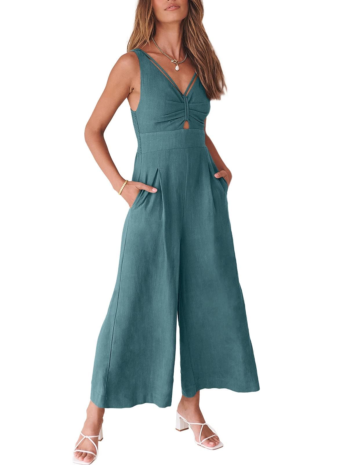 ANRABESSWomen's Summer Wide Leg Linen Jumpsuits Dressy V Neck Sleeveless Casual Pants Rompers 2025 Vacation Beach Outfits