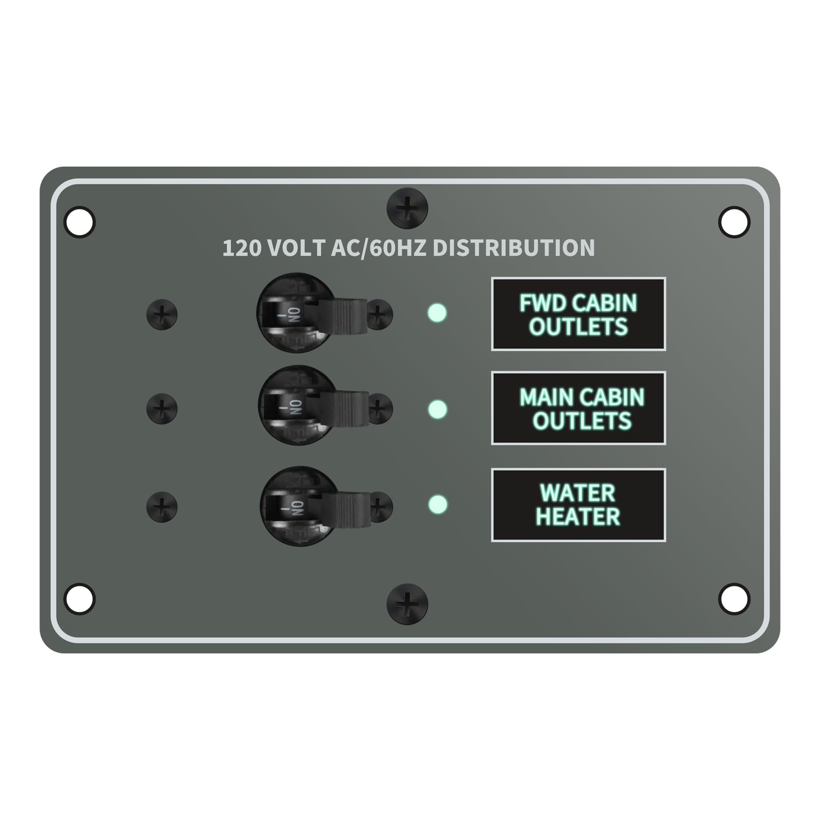 Haoguo Marine Distribution Switch Panel, 120VAC 3-Position Circuit Breaker with LED Indicators, 12VDC Backlit Board, Multiple Labels, Overload Protection, for Boats, RVs, and Home AC Circuits,HCTP-03