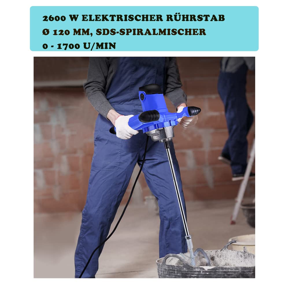 Mieszadło do zaprawy murarskiej, 2600 W, 230 V, 6 prędkości, elektryczny mikser ręczny, gwint M14, do zaprawy murarskiej, do betonu, do farby, tynku i jastrychu, mieszadło do zaprawy