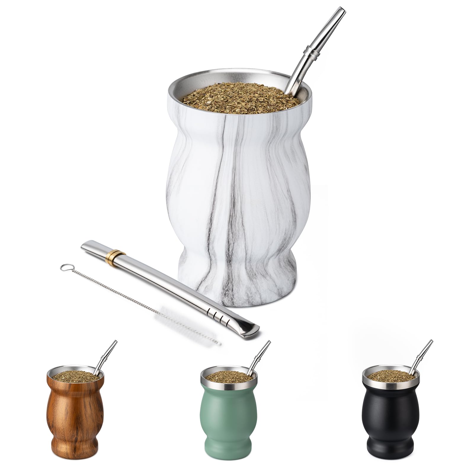 8oz Yerba Mate Cup, 304 Stainless Steel Double-Wall Mate Cup, Heat Insulation Yerba Mate Gourd, Tea Cup Set Includes Cleaning Brush & 2 Bombillas (Marble)