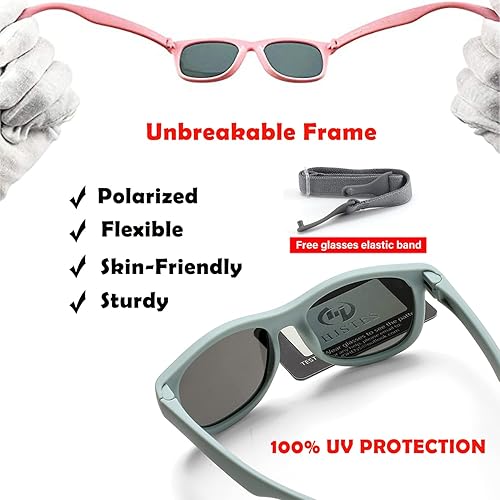 Miniatura 5 de HJSTES Lentes de sol polarizados para niños y niñas, marco flexible TPEE con correa, para bebés de 0 a 3 años