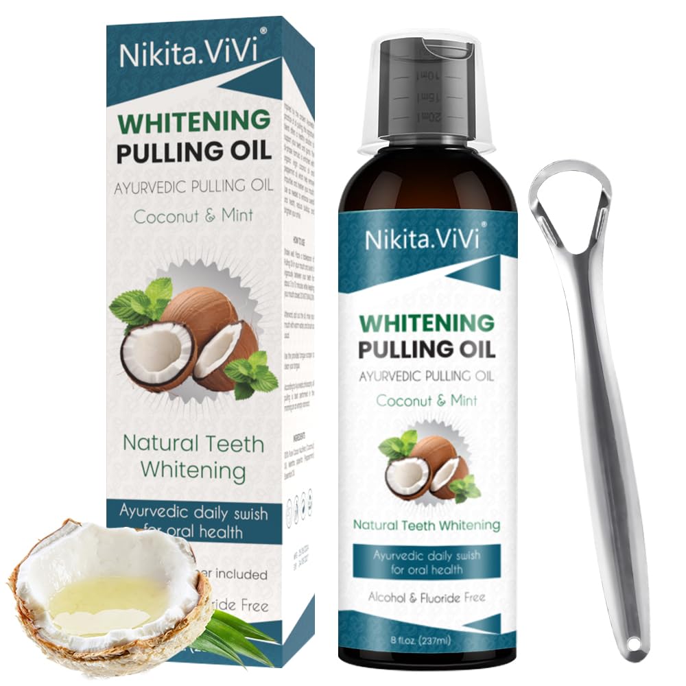 Coconut Oil Pulling Whitening Mouthwash 237ml, Coconut Oil & Peppermint Teeth Whitening Oils Pulling Mouthwash with Tongue Scraper, Natural Coconuts Oils Pullings for Healthier Teeth & Gum