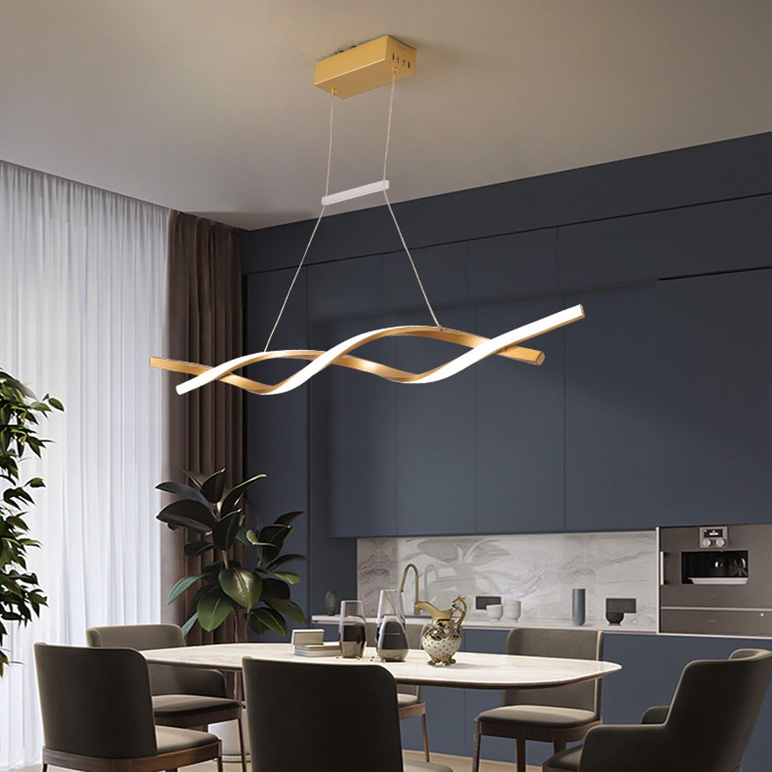 Deliouay Modern LED Pendant Lamp Dining Room, LED Dimmable Living Room Pendant Lamp Modern Pendant Lamp with Remote Control, Dining Room Lamp Hanging for Kitchen Office Ceiling Lamp (Gold, 100 cm)