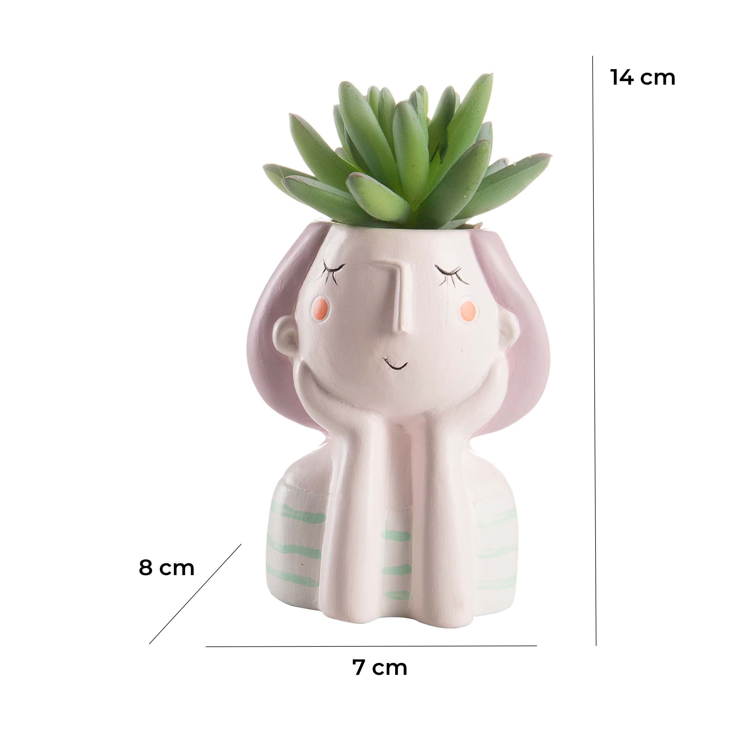 Baroni Vaso Testa Girl con pianta Artificiale. Set 4 sculture Colorate in Ceramica 8X7X14 cm