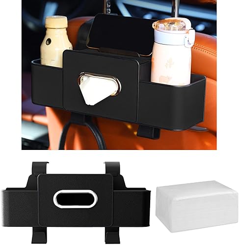 Miniatura 1 de Organizador de asiento trasero de automóvil con soporte para tazas, caja de pañuelos y gancho de almacenamiento, organizador multifuncional para