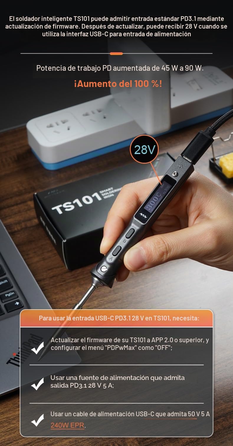 MINIWARE TS101 Soldador BC2 Tips Portátil Digit DC5525 USB-C 90W Temperatura Ajustable 50-400℃ Original Digital OLED Programable