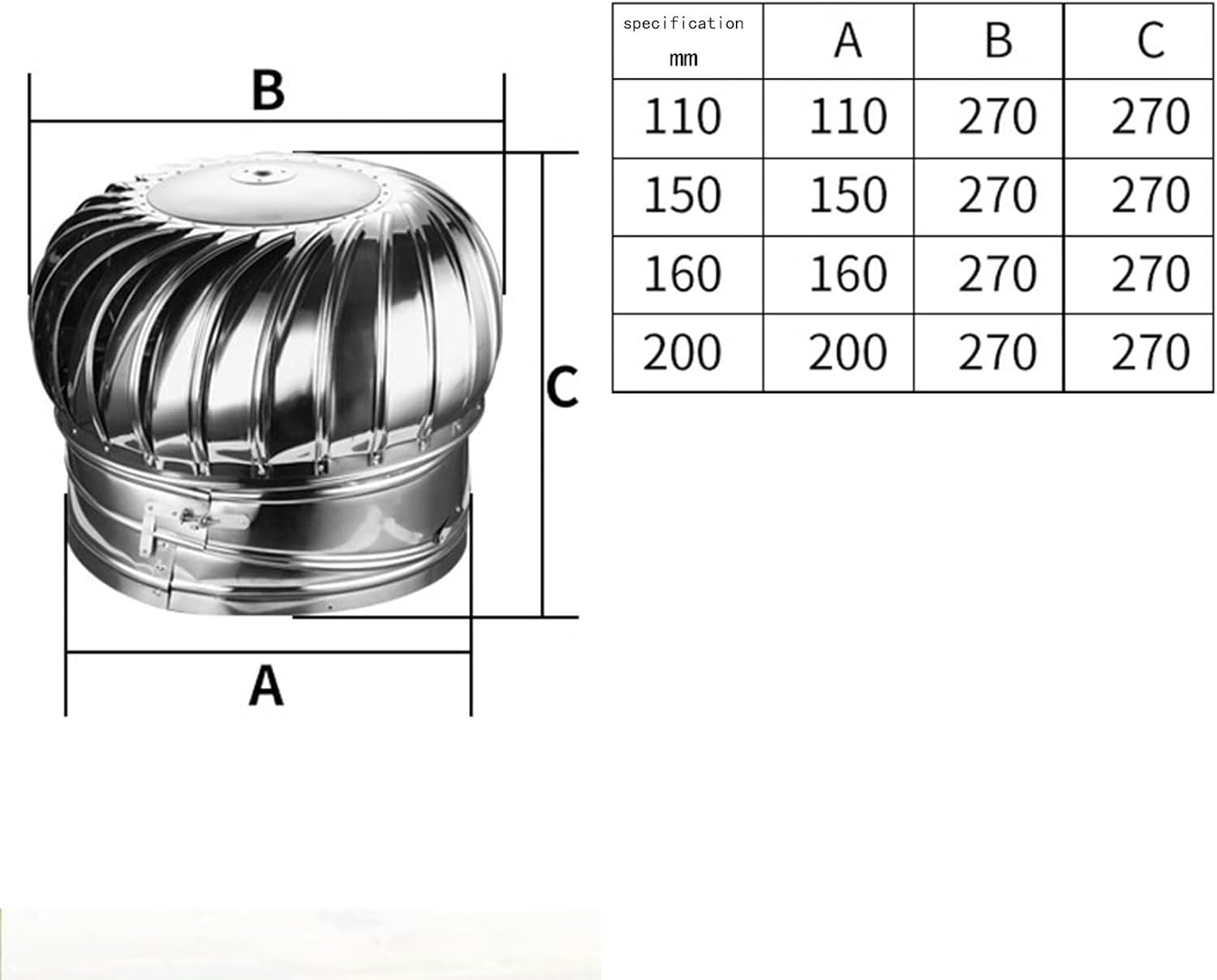 Flue Vent, Stainless Steel Roof Ventilator, Rotary Turbine Ventilator, φ110mm-200mm(110mm/4.3in)