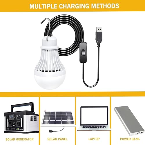 Miniatura 4 de Paquete de 2 linternas LED USB para campamento, 8.2 pies de longitud extra con cable USB Y, bombilla LED portátil para garaje, almacén, automóvil,