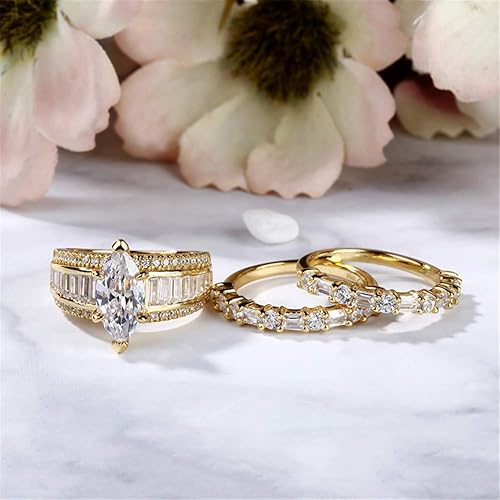 Miniatura 3 de Jeulia Juego de anillos de boda de 2 quilates de 3 piezas para mujer, chapados en oro de 14 quilates, anillos de compromiso de plata de ley, anillos