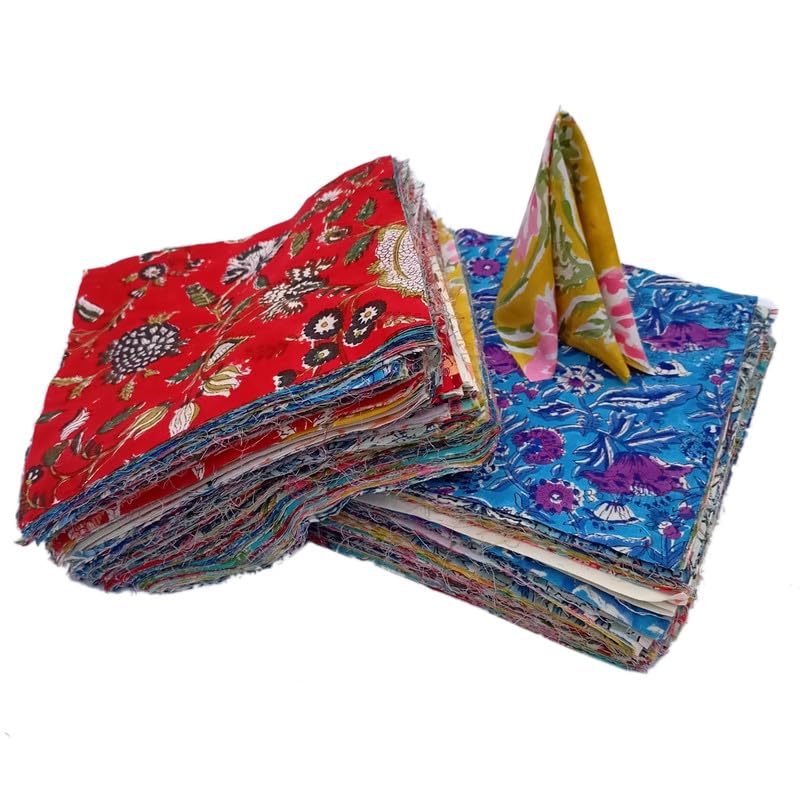 Ethnic Elegance: Indian Handblock Floral Pre-Cut Quilt Squares in Assorted Cotton Fabrics for Quilting, Sewing, DIY Patchwork Craft ASSORTED PRINT-4x4 Inches-Floral-Multicolored-(Pack Of 50)
