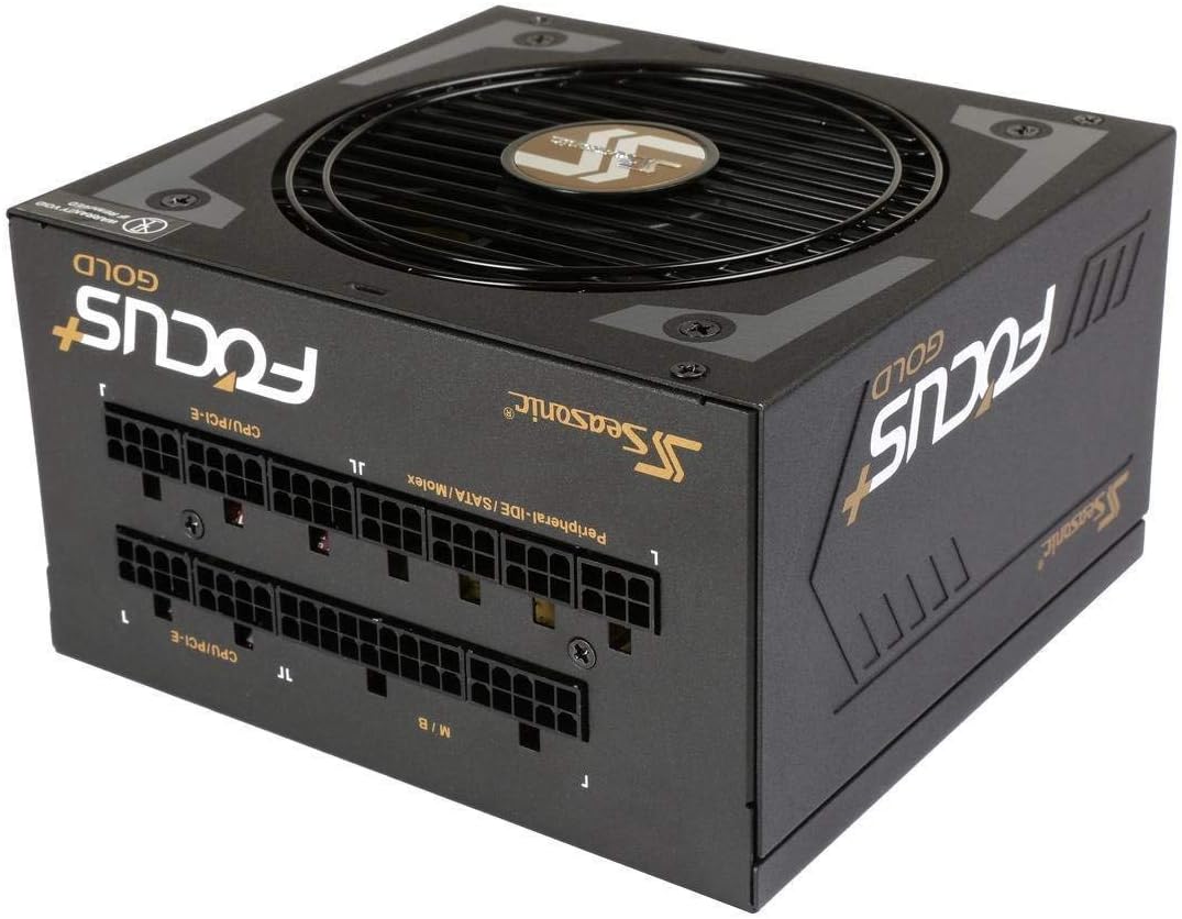 Side view of the Seasonic FOCUS Plus 550 Gold SSR-550FX power supply, highlighting the modular cable connection ports for Motherboard, CPU, PCIe, SATA, and Molex.