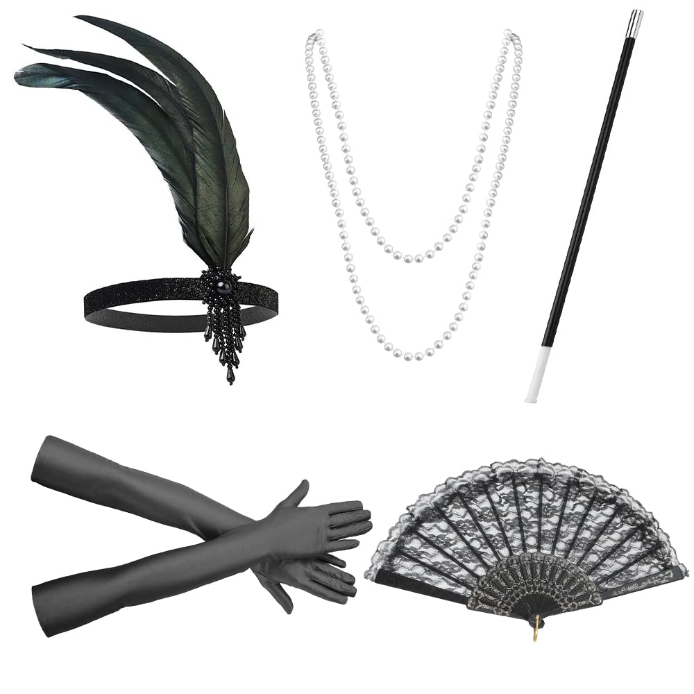 PLCatis 1920s Gatsby Costume Accessory Set 6 Pieces Gatsby Accessories Women's 20s Costume Women's Fashion Roaring 20's Theme Set Lace Folding Fan Headband Necklace Gloves Handheld Props