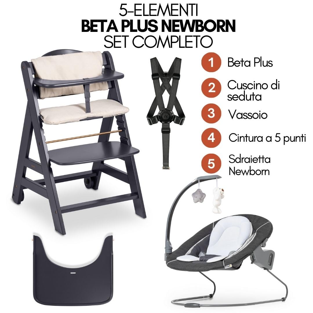 hauck Seggiolone Beta Plus Deluxe - Seggiolone Evolutivo in Legno con Sdraietta e Dondolo per Neonati, Sediolone Pappa, Sicurezza Massima con Cintura a 5 Punti, Regolabile per Tavoli Standard -