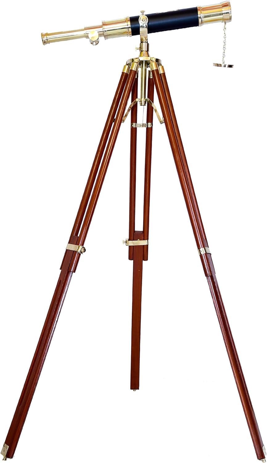 Navirock Single Barrel Royal Handicraft Vintage Arc Brass Telescope Nautical Floor Brown Tripod Telescope Collectible Shiny Brass Finish