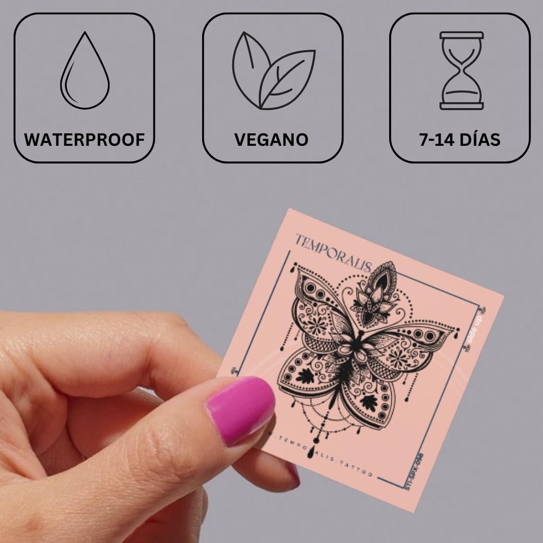 Tatuaje MARIPOSA - Temporalis® | Tatuajes temporales adultos - Cosmético certificado por la UE, vegano y resistente al agua - Dura 1 a 2 semanas [ Tattoo Mariposa discreta Tatuaje MARIPOSA - Temporalis® | Tatuajes temporales adultos - Cosmético certificado por la UE, vegano y resistente al agua - Dura 1 a 2 semanas [ Tattoo Mariposa discreta