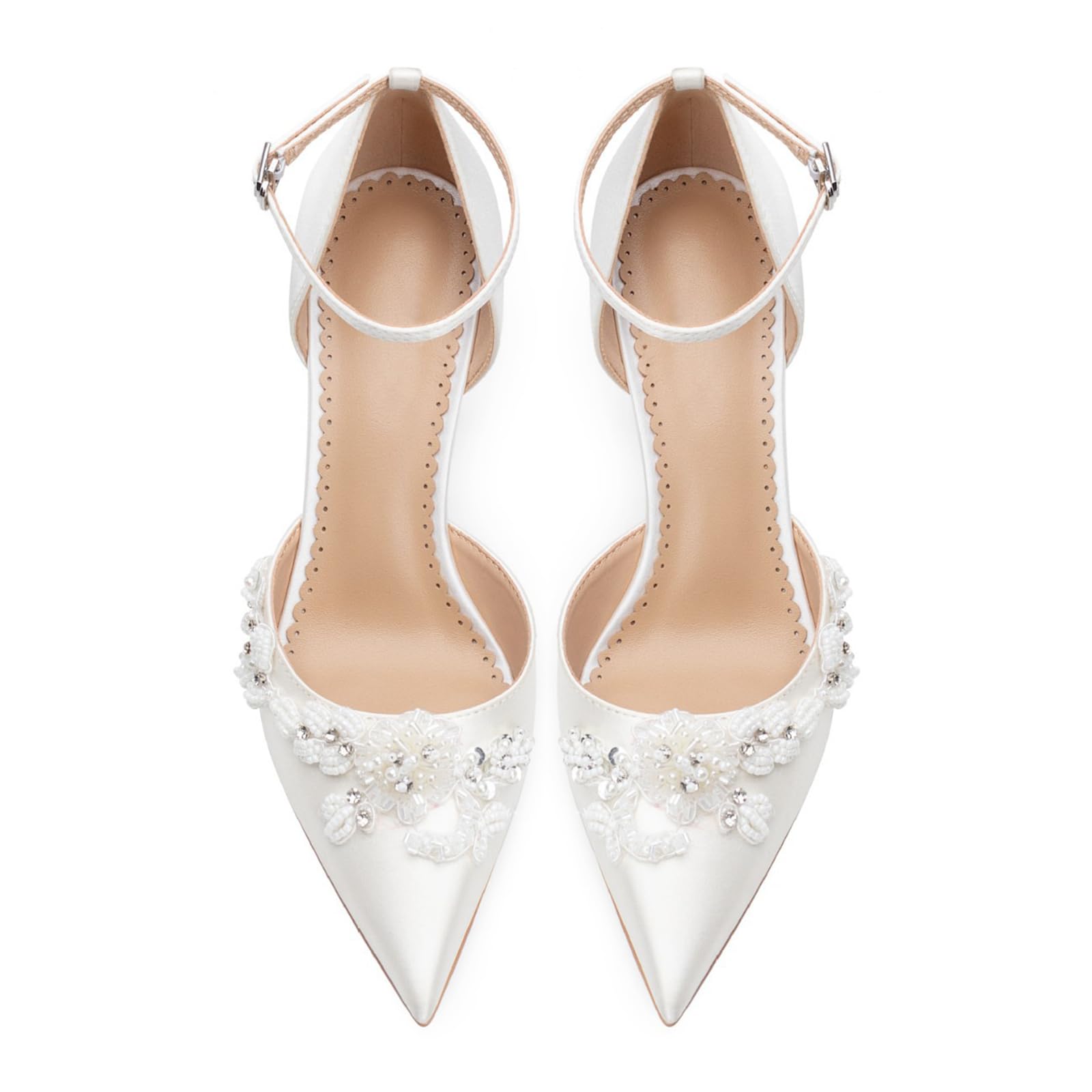 Scarpe Donna con Tacco Alto con Tacco a Spillo 8.5 cm Bianco Realizzato a Mano Raso di Seta Perle Strass per La Ragazza Matrimonio Cinturino alla Caviglia