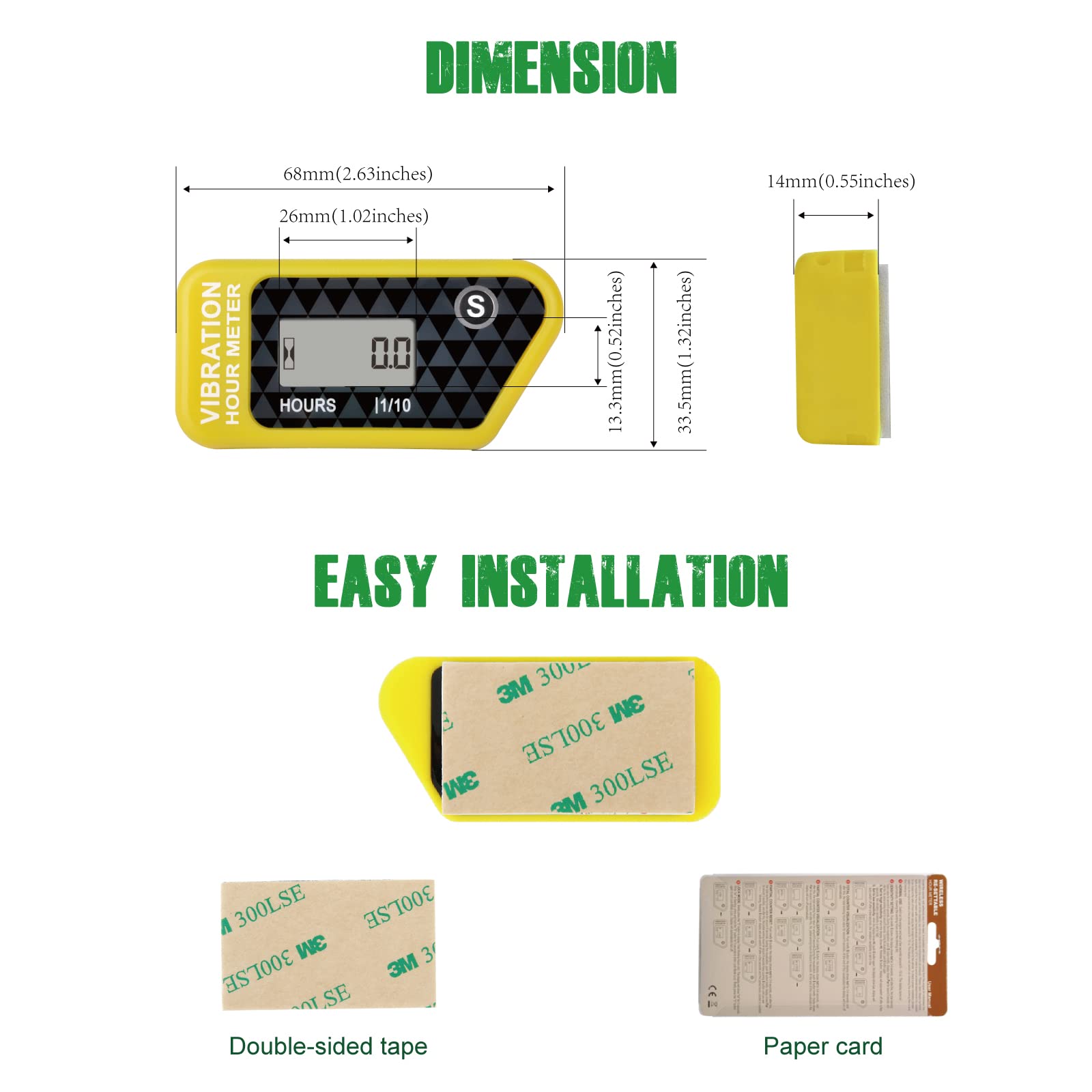 Yooreal Compteur horaire sans fil alimenté par batterie, jauge de détection de vibration pour tracteur de pelouse, chariot de golf, tronçonneuse, déchiqueteuse à bois, fendeuse de bûches (Yellow)