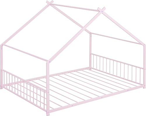 Miniatura 26 de Favfurish Cama de plataforma de casa de tamaño individual con cabecero y estribo, diseño de techo, cama de madera con forma de casa para niños y