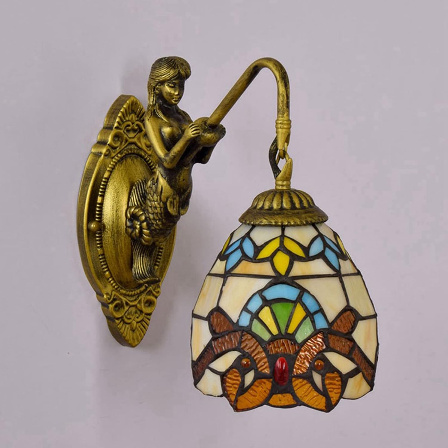 Tiffany Lamp Shade Replacement, 6"X6" Beige Blue Stained Glass Chimney Baroque Style Lampshade Only for Chandelier Wall Lamp Pendant Light Ceiling Fixture Table Lamp Hang(1pcs