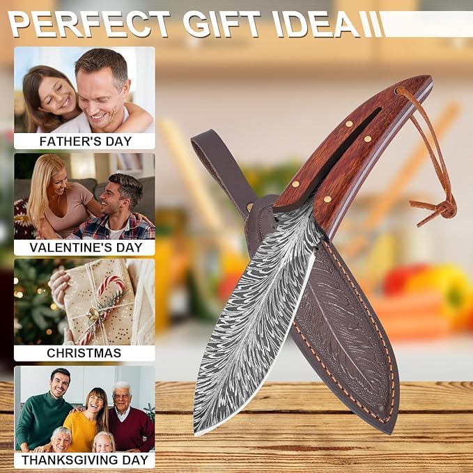 Image of Professional Butcher Knife Hand Forged Boning Knife with Sheath Viking Style, High Carbon Steel Japanese Chef Knife Chopping Knife for Kitchen (Feather Shape Knife)