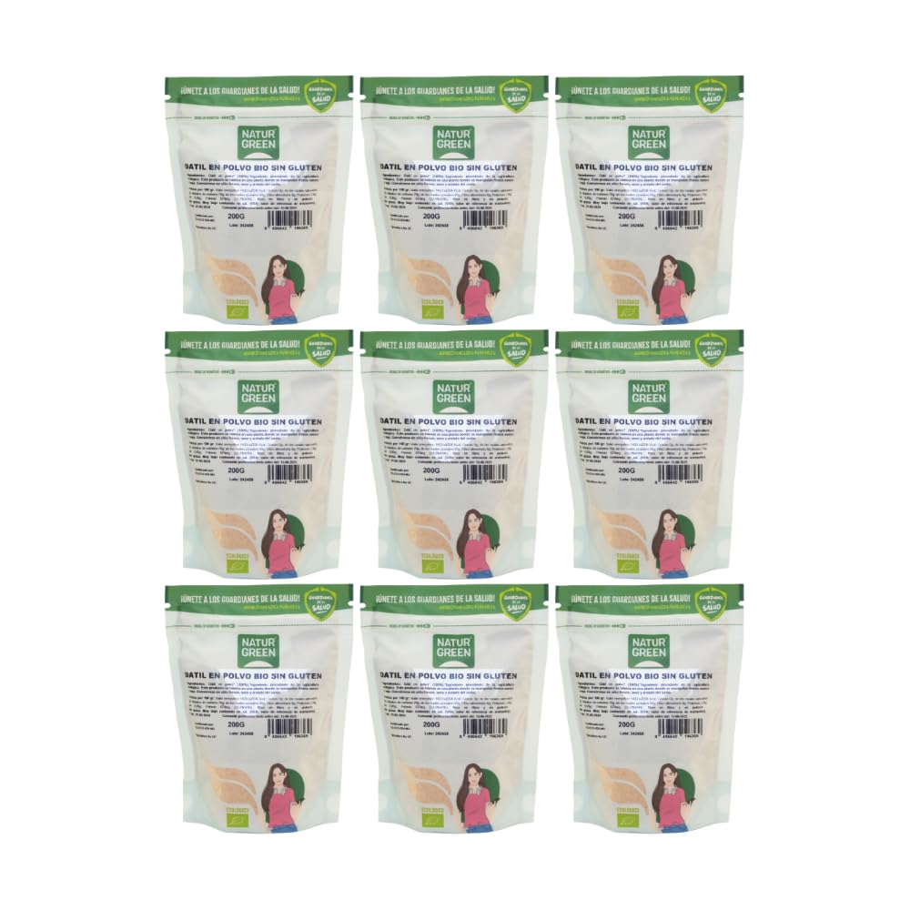 NaturGreen - Harina de Dátiles Bio, Pack 9 x 200 g, 100% Natural, Fuente de Proteínas y Fibra, Sin Gluten, Ideal para Repostería y Mezclas Keto