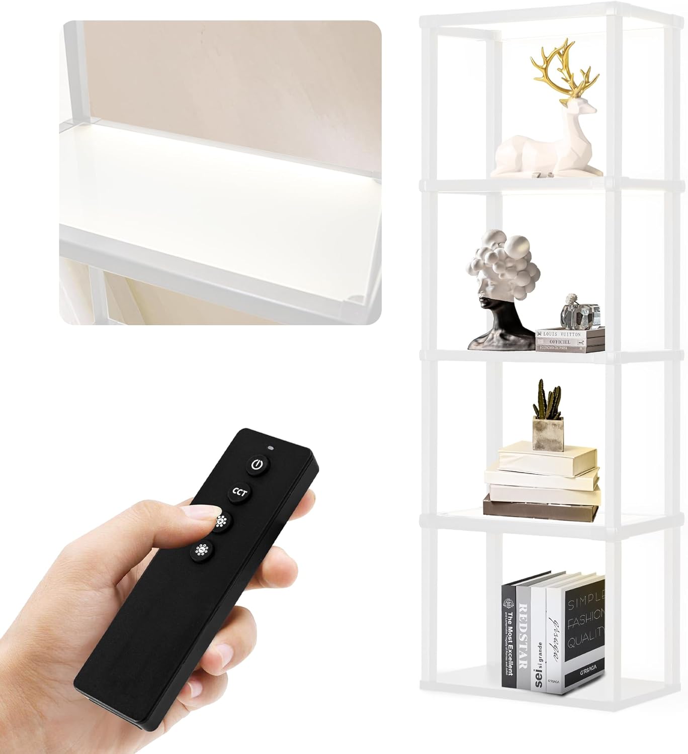 Tall Display Shelf Floor Lamp, Dimmable LED lamp with 3 Color Temperatures, Sturdy Glass Curio Cabinet Bookcase with Remote Control, Floor Lamp with Shelves for Living Room Decor, Collectibles (White)