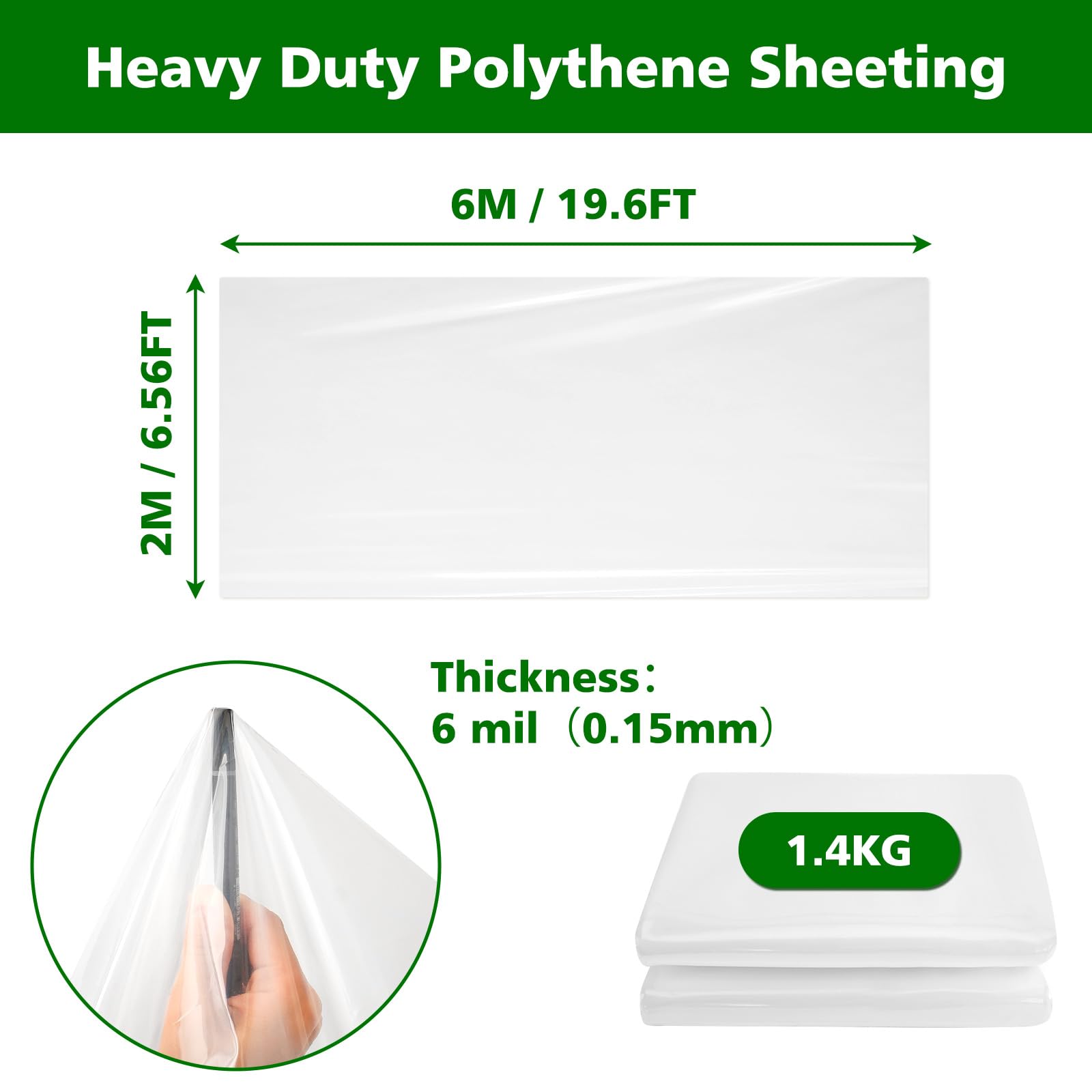 UNIFAMILY 2M X 6M Plastic Sheeting Heavy Duty, Polythene Sheeting Clear Waterproof 1.4KG - Image 2