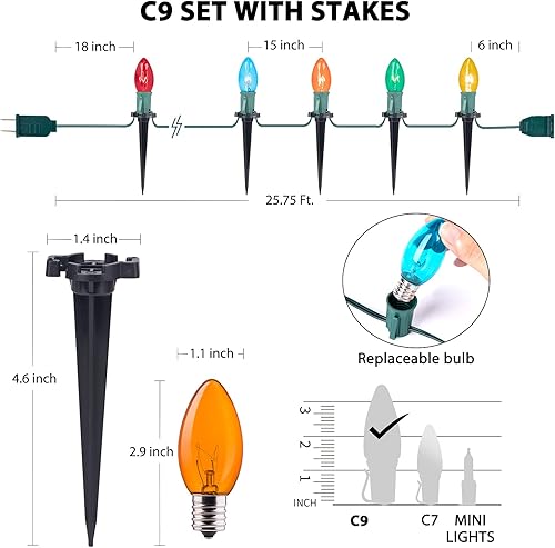 Miniatura 4 de Paquete de 2 luces de camino de Navidad C9 para exteriores, total de 51.4 pies de luces de pasarela con 40 bombillas transparentes, luces de estaca
