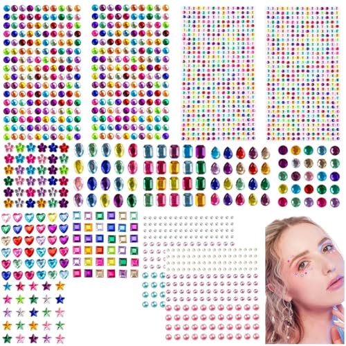 Image of MAYCREATE 1782pcs Rhinestones Pearl Stickers for Craft Makeup, Bling Sticky Gems Face Stickers, Acrylic Self-Adhesive Assorted Shape & Color Stone Sticker for Scrapbooking, DIY Phone Case
