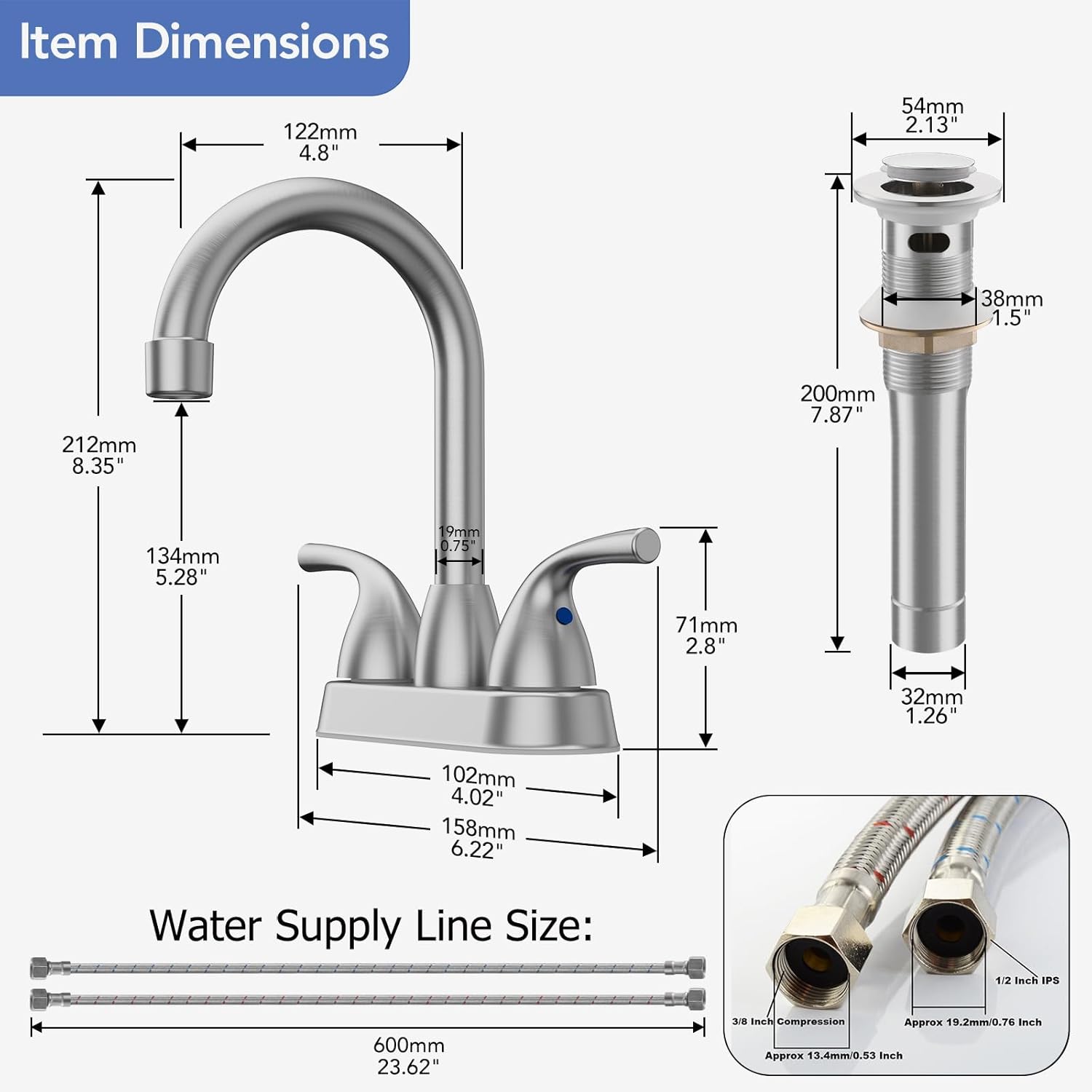 Phiestina Brushed Nickel Bathroom Faucet 4 Inch Centerset, 2 or 3 Hole Deck Plate Bathroom Sink Faucet, with Metal Pop-up Drain with Overflow and Water Supply Line, BF02011-B11-GBN