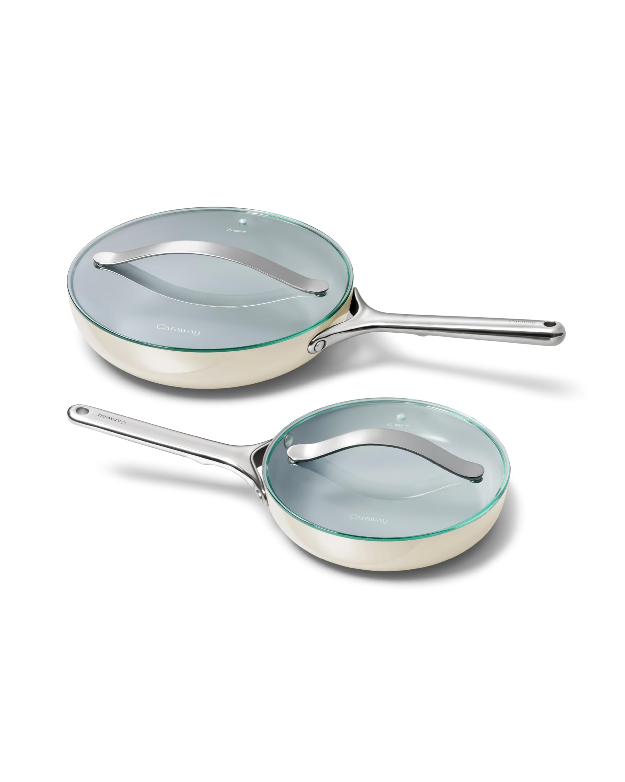 Caraway Ceramic Fry Pan Duo with Glass Lids - Non-Stick Frying Pans (10.5” & 8”) - Non Toxic, PTFE & PFOA Free - Oven Safe & Compatible with All Stovetops – Cream