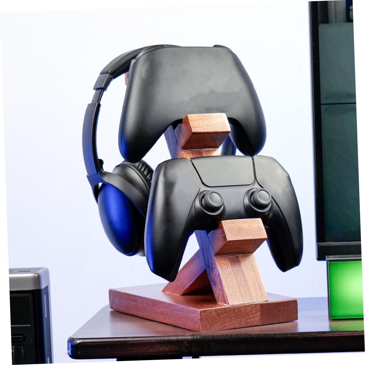 Soporte de Juego para Controlador y Auriculares, Madera Marrón
