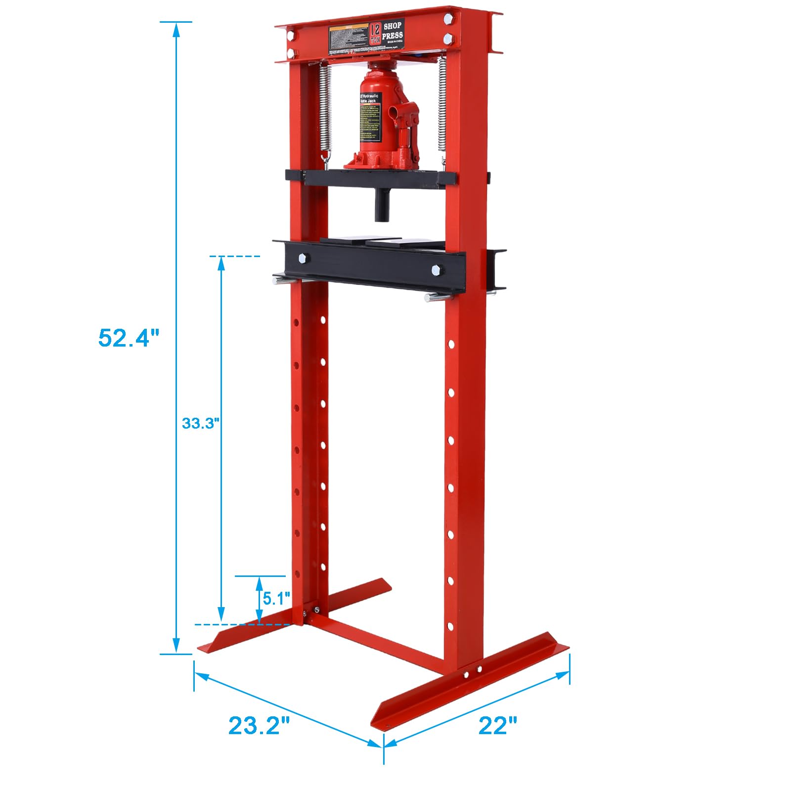 Hydraulic Shop Press,12-Ton Capacity, Floor Mount,H-Frame Garage Floor Press, Adjustable Working Table Height,Red