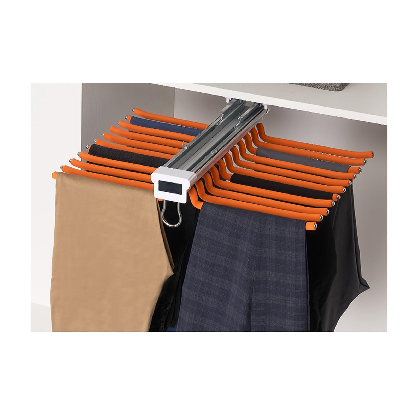 Porte-pantalons télescopique orange en acier pour grand vestiaire