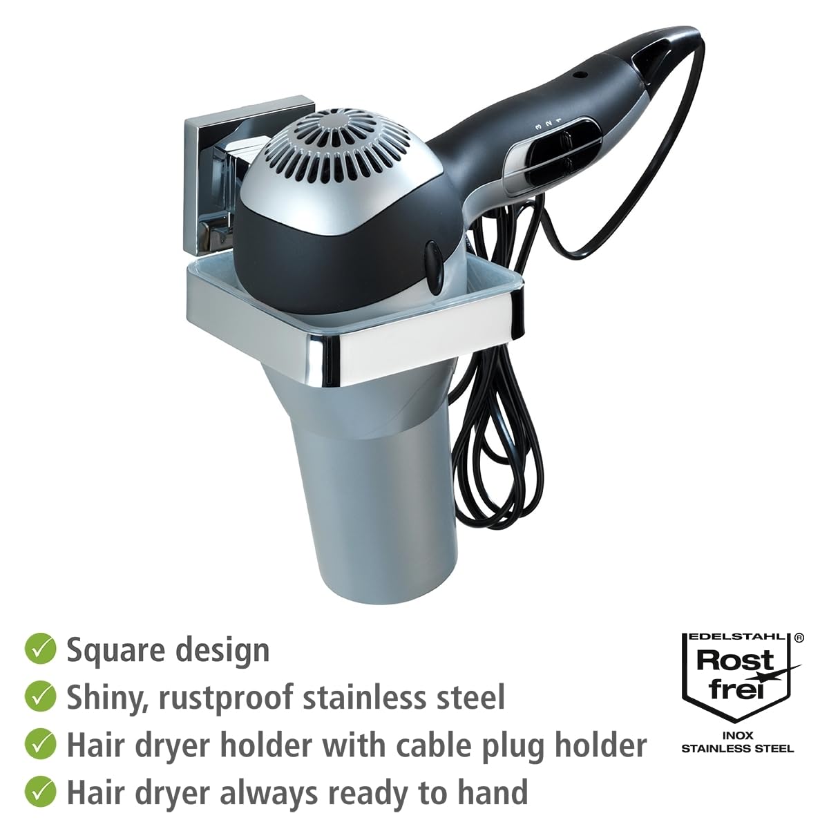 WENKO Vacuum-Loc® porta asciugacapelli in acciaio inox Quadro, Acciaio inossidabile, 14 x 7.5 x 13.5 cm, Lucido