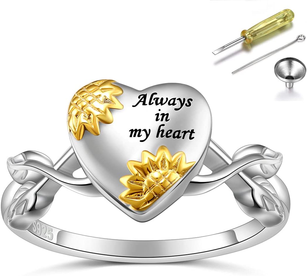 Heart Opal Sunflower Roseflower Tree of Life Urn Ring for Ashes 925 Sterling Silver Cremation Jewelry Ashes Keepsake Ring for Women Memorial Jewelry Bereavement Ring Size 5-10