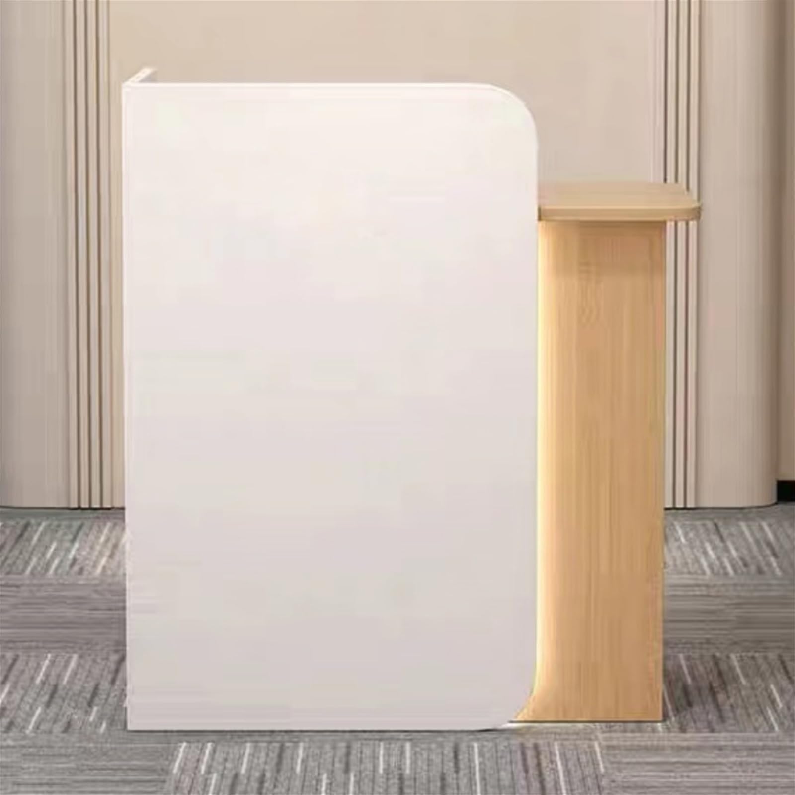 Banco reception con luci a LED e cassetti chiudibili per la vendita al dettaglio, piccolo bancone anteriore in legno per area reception.
