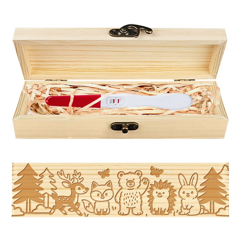 CHGCRAFT Pregnancy Test Keepsake Box Cartoon Cute Forest Animals Wooden Pregnancy Announcement Gifts Box with Raffia Ribbon and Lock Announcement Gifts for Dad Husband 8x2x1.2 inch