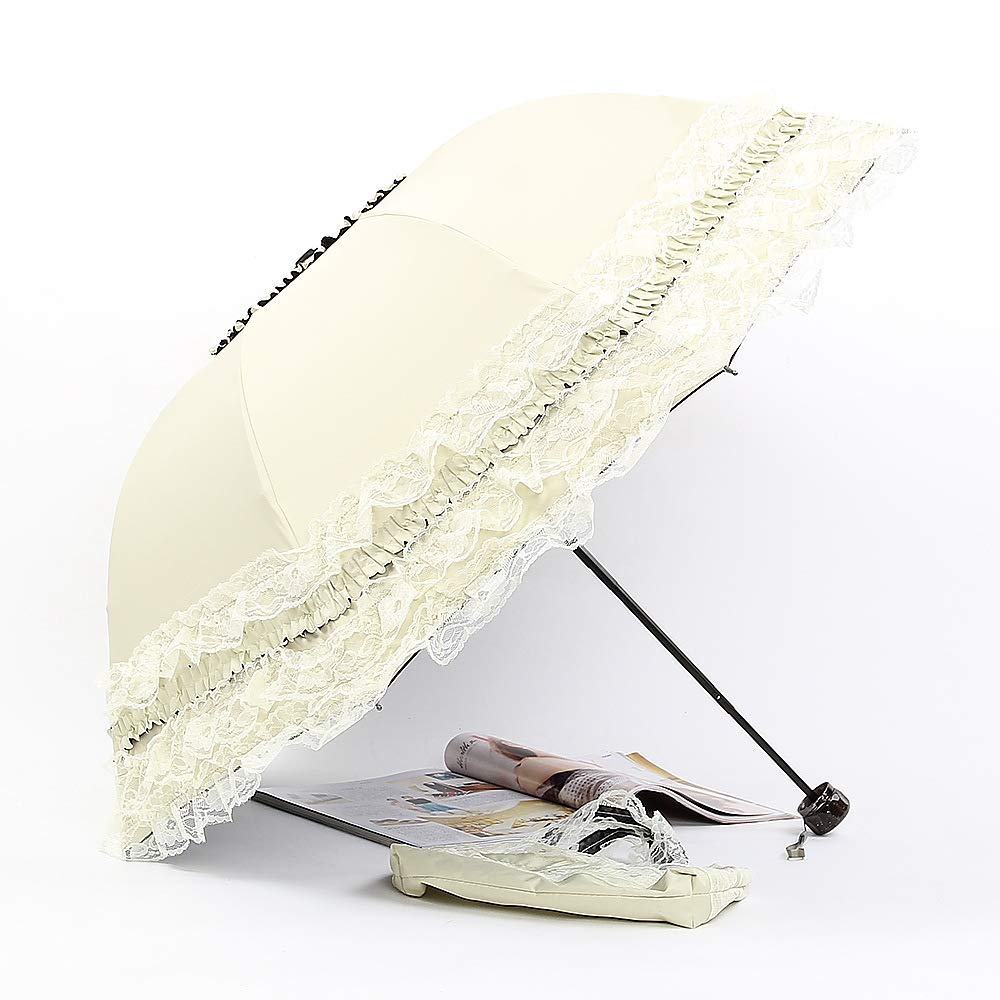 Ulalaza Vintage Princess Lace Sunny Rain UPF 91+ UV-Licht, winddicht, stark, automatisches Öffnen/Schließen, tragbarer Anti-UV-Reiseschirm mit reflektierenden Streifen für Regen und Sonne