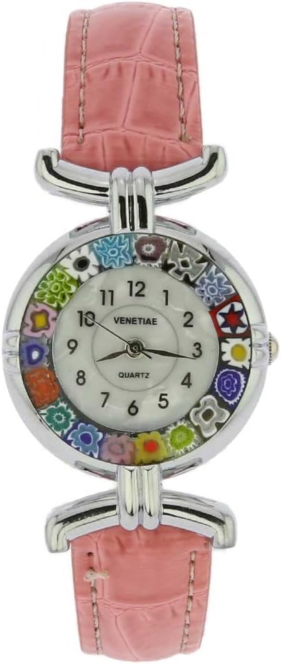 Glass Of Venice Murano Glass Millefiori Watch Round Multicolor Silver-Tone - 1" Face with Pink Band for Women - Handmade in Italy