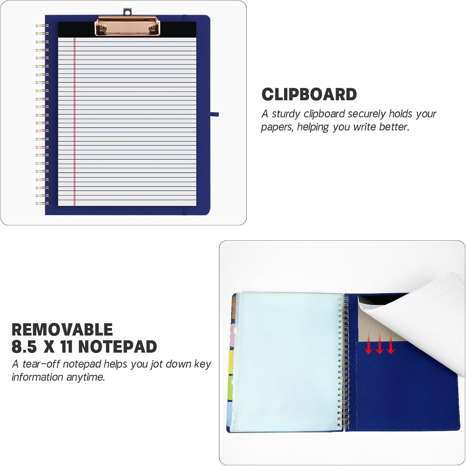Clipboard Folio with Storage for Letter Size, Spiral Clipboards with 3 Storage Zipper Pouch, 5 Dividers with 10 Pockets, Refillable Lined Notepad, Hardcover Folio for Work (Blue)