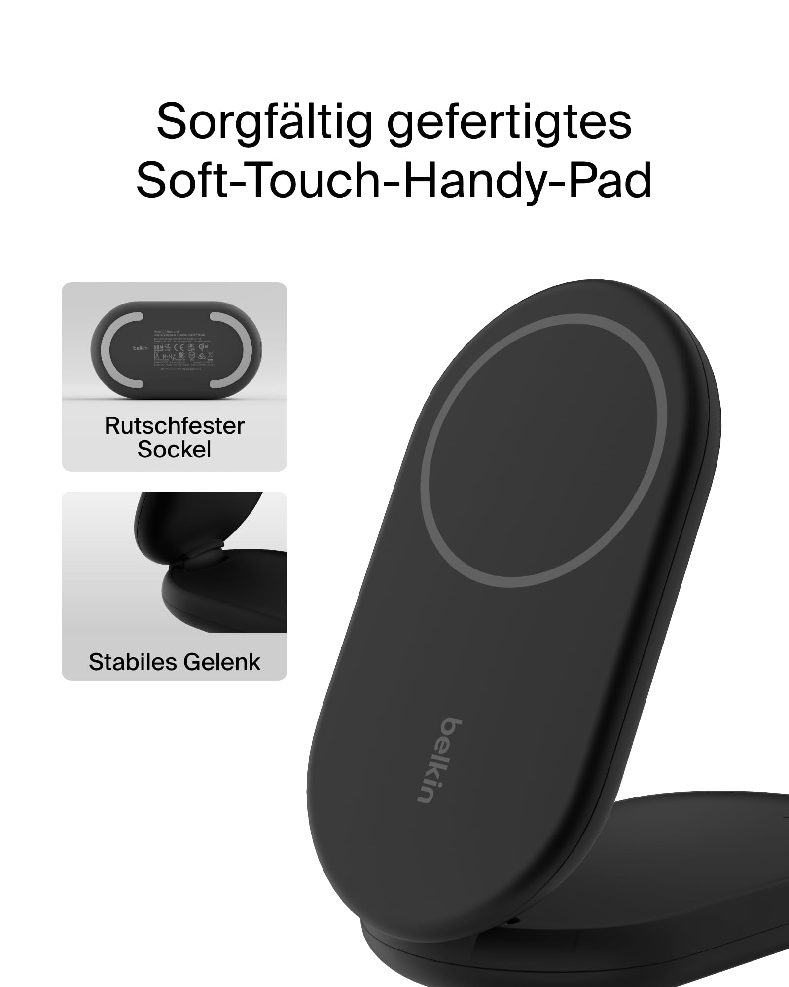 Belkin BoostCharge 2-in-1 magnetisches einklappbares Ladegerät Qi2, MagSafe-kompatibles 15 W, Schnellladegerät für Apple iPhone 17, Air, Pixelsnap, induktive Ladestation, inklusive Netzteil - Schwarz
